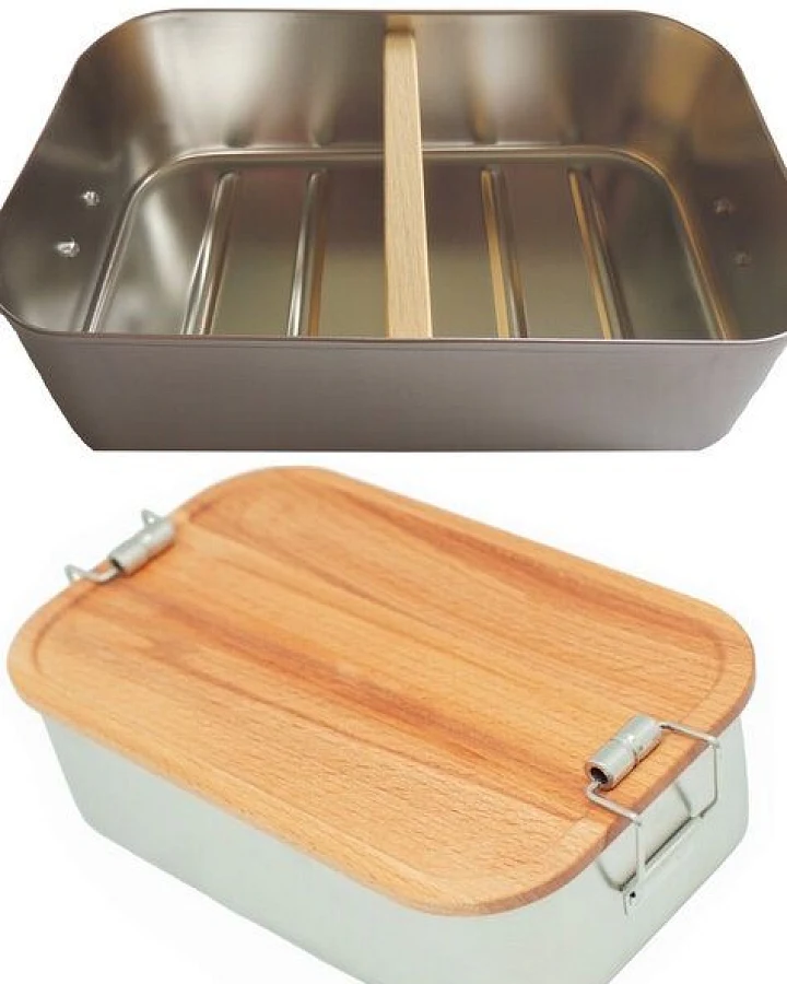 Cameleon Pack XL Edelstahl Lunchbox mit Deckel und Trennsteg aus heimischem Buchen Holz