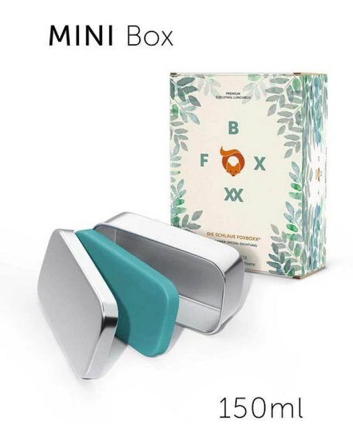 FOXBOXX ÖKO Edelstahl Snackbox 150ml mit 2 Deckel (BIO Silikon türkis + Metall) dicht