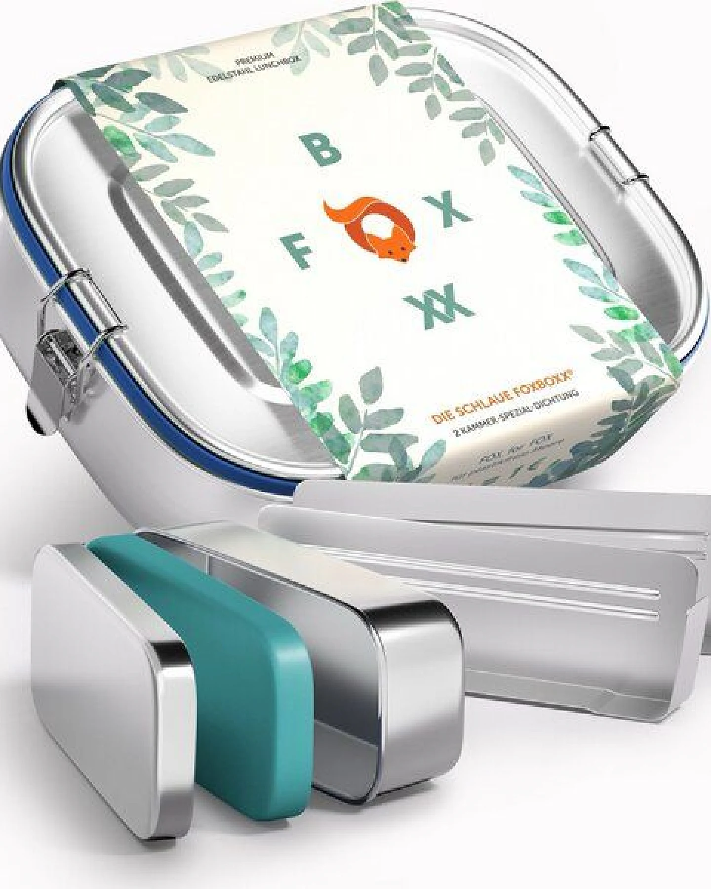 FOXBOXX ÖKO Edelstahl Snackbox 150ml mit 2 Deckel (BIO Silikon türkis + Metall) dicht – Ansicht 4