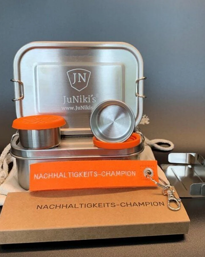 JN JuNiki's 2-er Set: je 2 JuNiki´s® eco line Edelstahl Lunchbox Brotdose + Trenner + Dipper + 1 Filzschlüsselanhänger "Nachhaltigkeitschampion" als Gratiszugabe