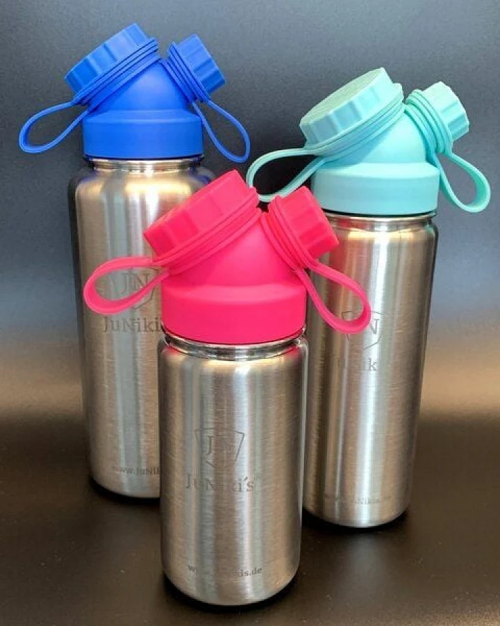 JN JuNiki's 3er Set zum Vorteilspreis: JuNiki´s® eco line isolierte Edelstahl Trinkflasche 3 Größen mit farbigen Deckeln Blau, Türkis, Pink