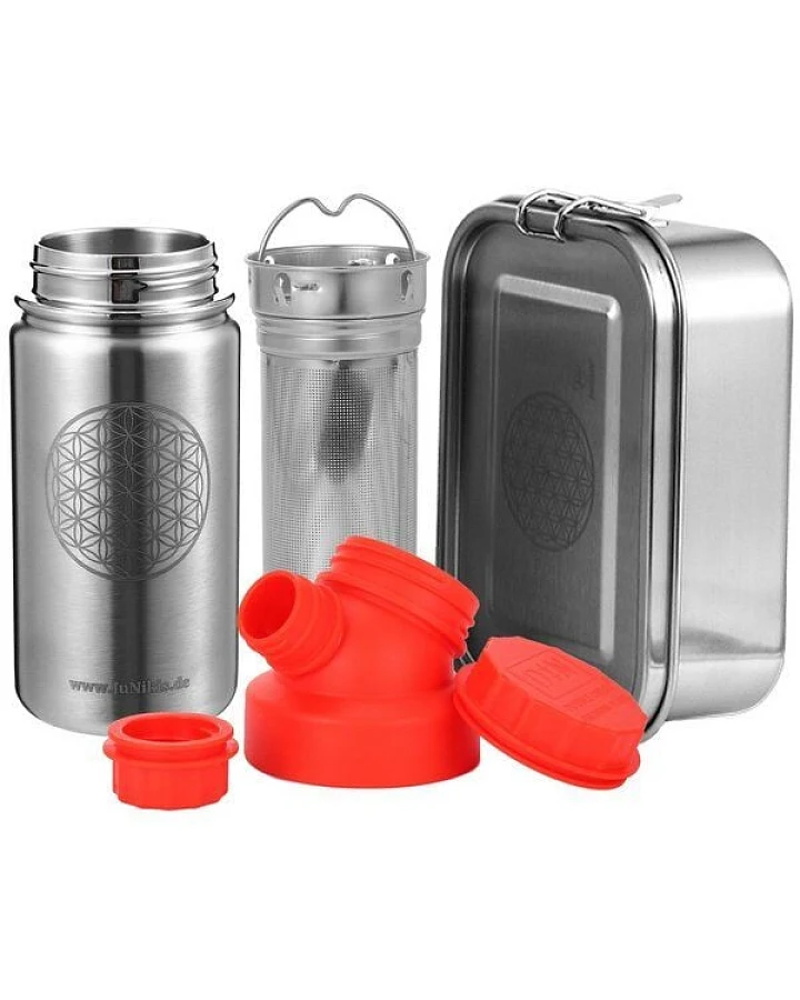 JN JuNiki's Einschulungs-Set "Blume des Lebens": Lunchbox + Edelstahltrinkflasche + Teefilter