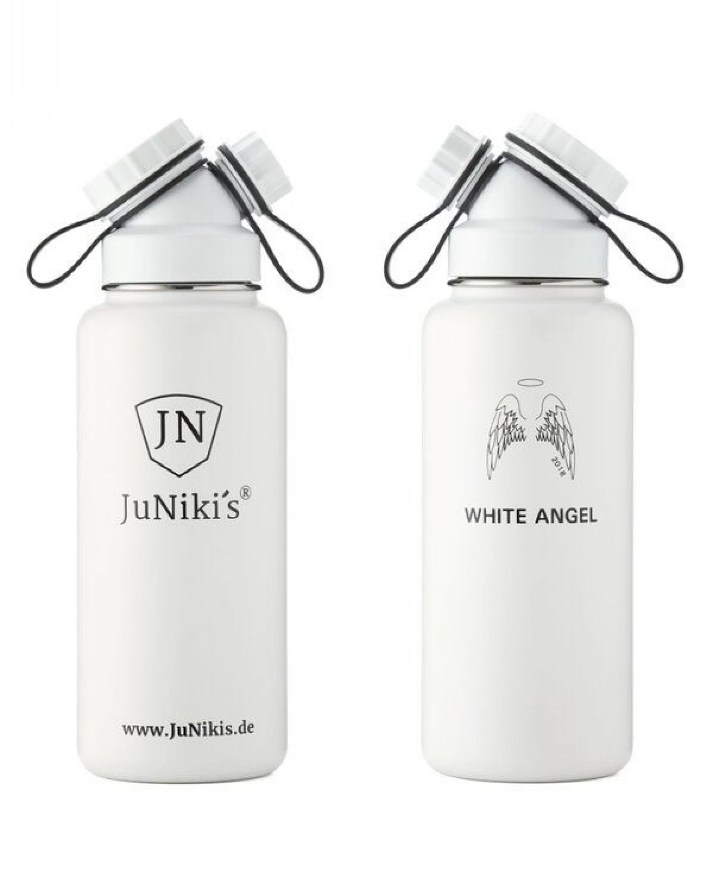 JN JuNiki's Exklusive JuNiki´s Trinkflasche XL aus Edelstahl Vakuum-isoliert 1L/32oz – limitierte Sonderedition „White Angel“ – Ansicht 2