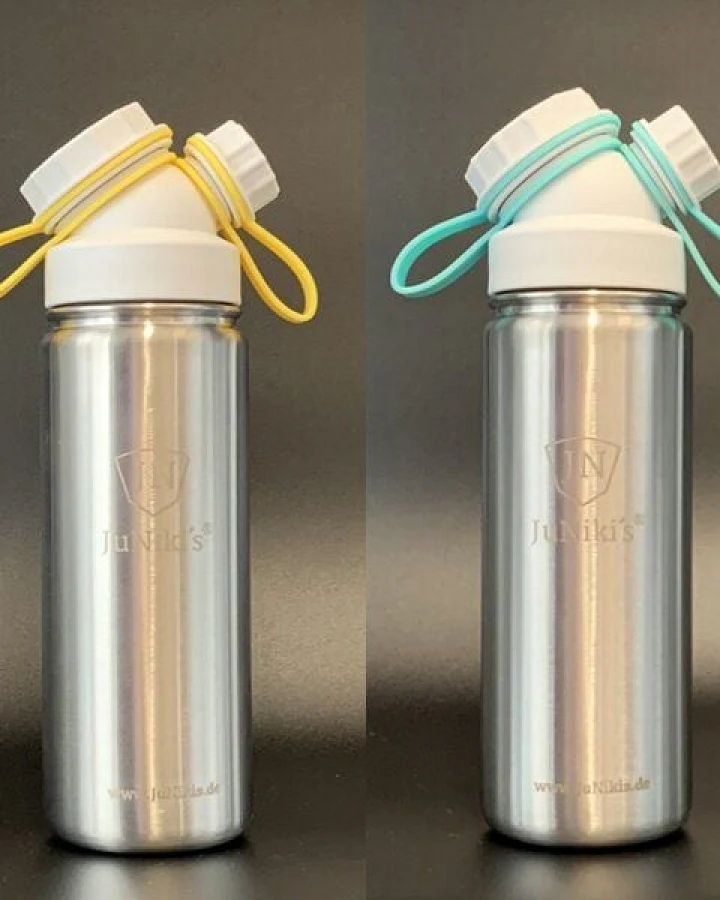 JN JuNiki's JuNiki´s® eco line isolierte Edelstahl Trinkflasche 550ml mit Deckelhaltern in Türkis + Gelb zum Wechseln