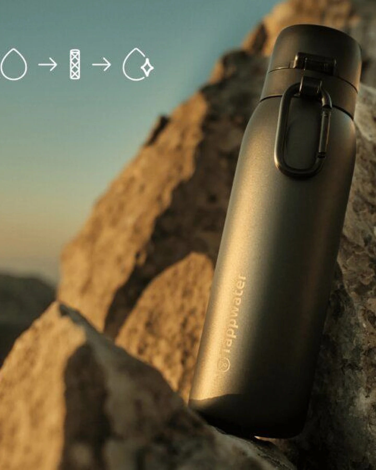 Tappwater BottlePro Adventure - Wasserflasche 750ml. Thermoflasche mit Filter, filtert 99,99% der Krankheitserreger. Für nicht trinkbares Wasser. Wiederverwendbare Flasche aus BPA-freiem Edelstahl. – Ansicht 3