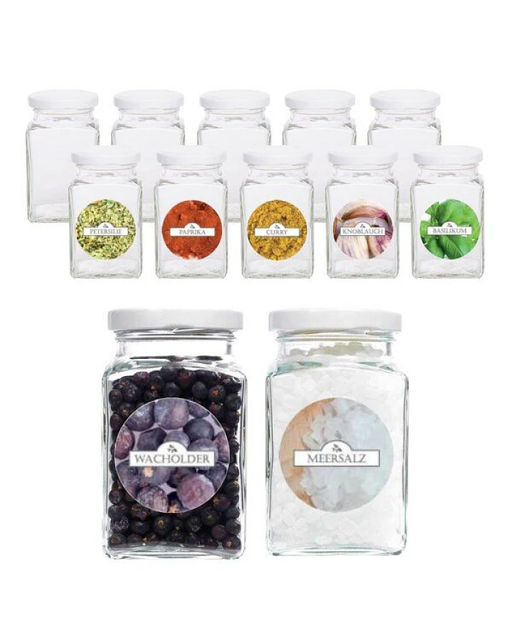 mikken 12er Set Gewürzgläser 260 ml mit Blueseal Deckel und Gewürzetiketten