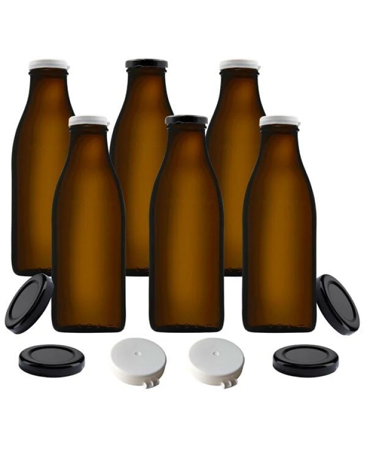 mikken 6x Milchflasche braun 1,0 Liter Glasflasche mit Deckel + Frischhaltedeckel und Etiketten