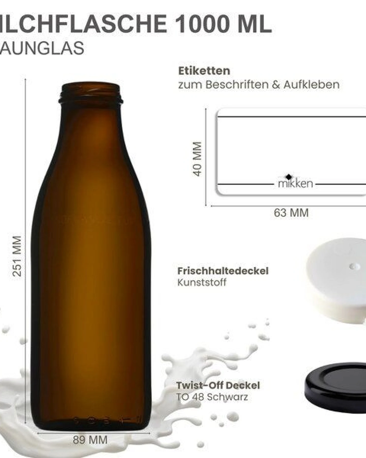 mikken 6x Milchflasche braun 1,0 Liter Glasflasche mit Deckel + Frischhaltedeckel und Etiketten – Ansicht 2