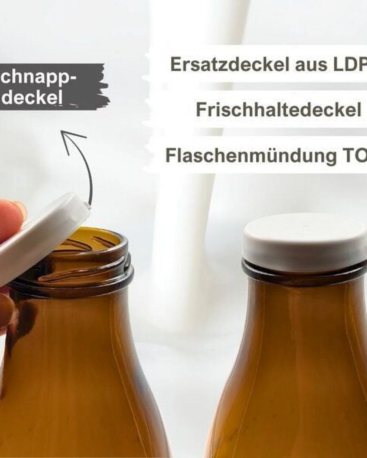 mikken 6x Milchflasche braun 1,0 Liter Glasflasche mit Deckel + Frischhaltedeckel und Etiketten – Ansicht 3