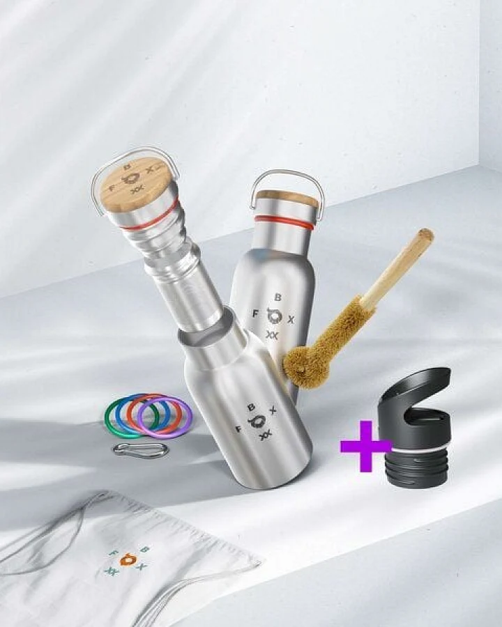 ÖKO FOXBOXX Flasche isol. matt - 350ml - 1000ml Teesieb & Sportcap Bürste Karabiner