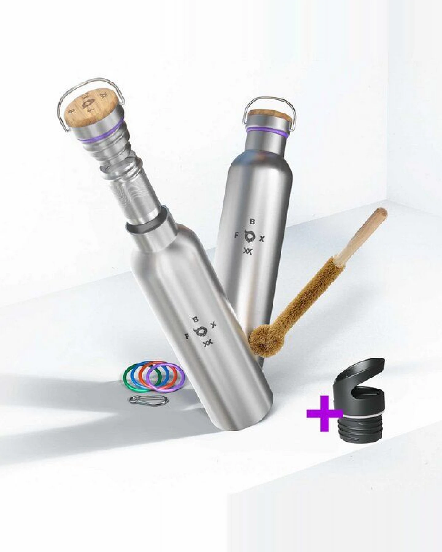 ÖKO FOXBOXX Flasche isol. matt - 350ml - 1000ml Teesieb & Sportcap Bürste Karabiner – Ansicht 2