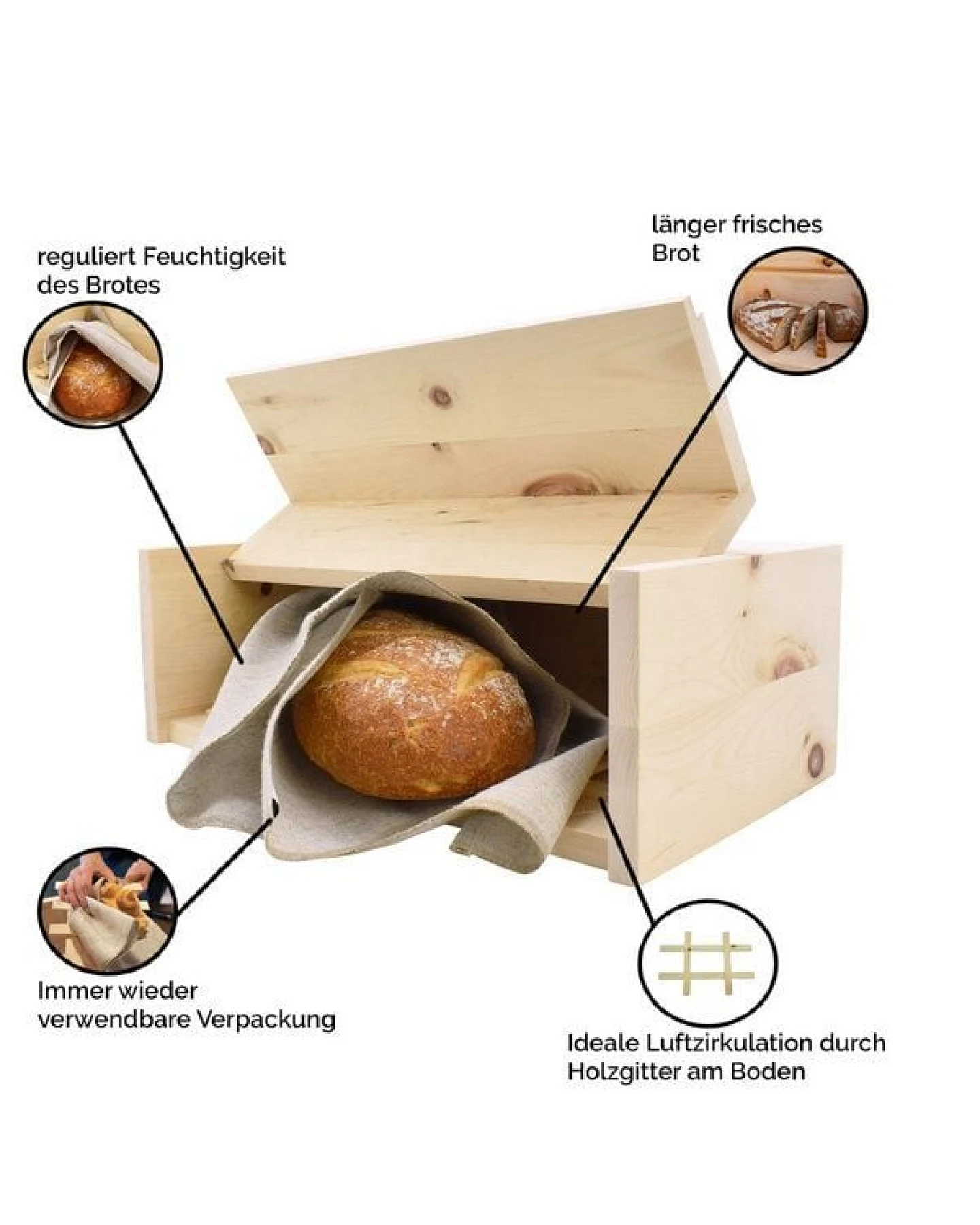 4betterdays Brotkasten Zirbenholz inkl. Zirbenholz-Gitter & Bäckerleinen – Ansicht 3
