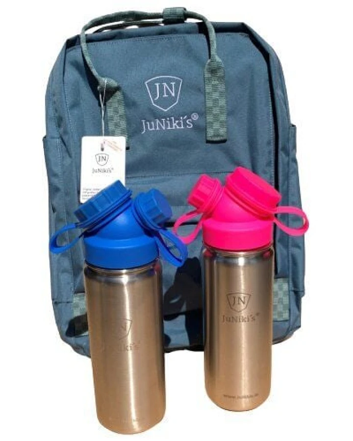 JN JuNiki's Set: 2x JuNiki´s® 550ml Edelstahl Trinkflasche isoliert Pink / Blau + Rucksack