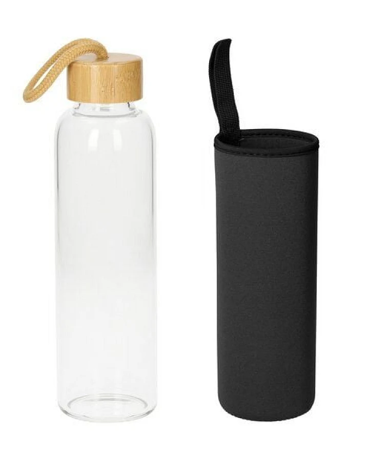 elasto Glasflasche 550 ml mit Bambusdeckel - Trinkflasche mit Schutzhülle