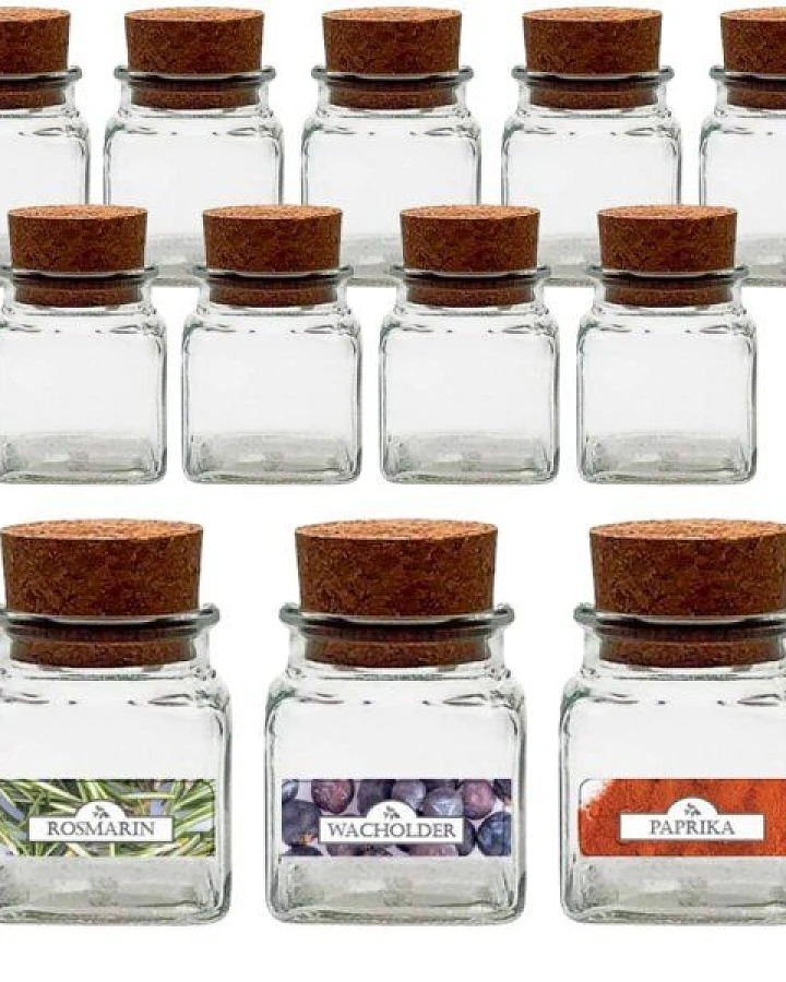 mikken 12 Gewürzgläser eckig 120 ml Korkengläser mit Gewürzetiketten - Gewürzdosen aus Glas