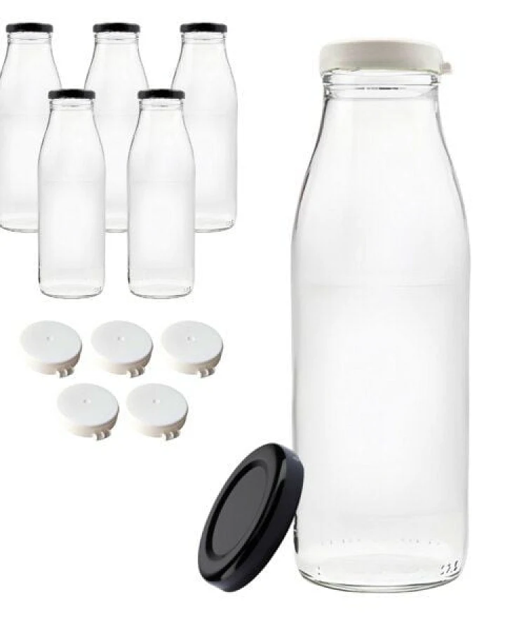 mikken 6x Milchflasche 500 ml Glasflasche mit Deckel + Frischhaltedeckel und Etiketten