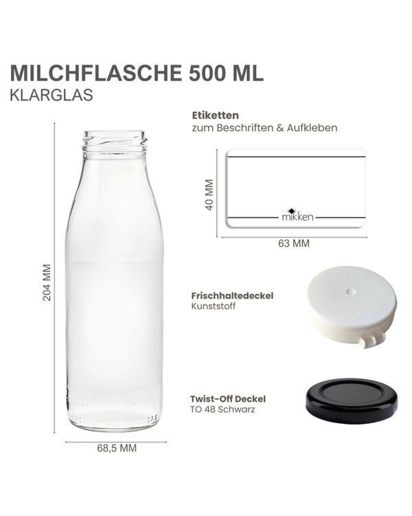 mikken 6x Milchflasche 500 ml Glasflasche mit Deckel + Frischhaltedeckel und Etiketten – Ansicht 2