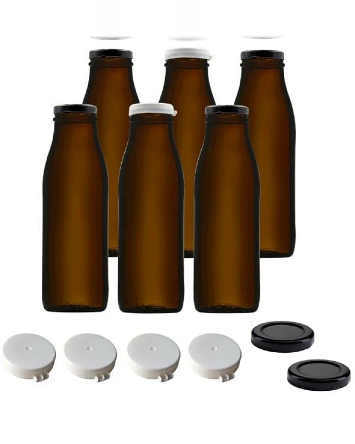 mikken 6x Milchflasche braun 500 ml Glasflasche mit Deckel + Frischhaltedeckel und Etiketten