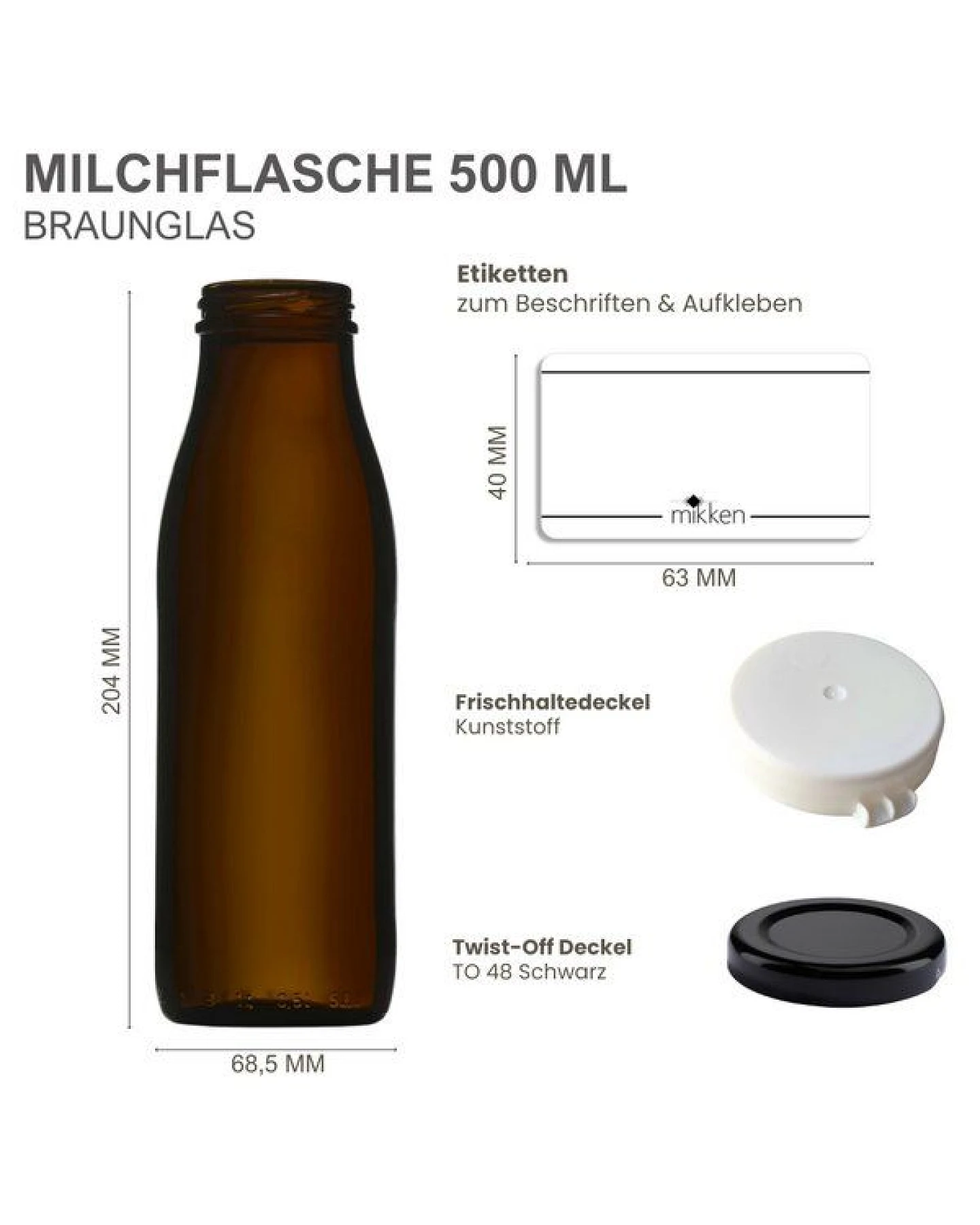 mikken 6x Milchflasche braun 500 ml Glasflasche mit Deckel + Frischhaltedeckel und Etiketten – Ansicht 2