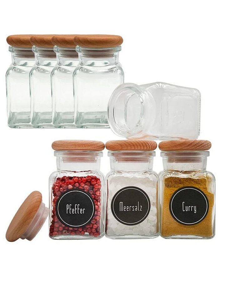 mikken Gewürzgläser 8er Set 150 ml eckig - aus Glas mit 24 Gewürzetiketten