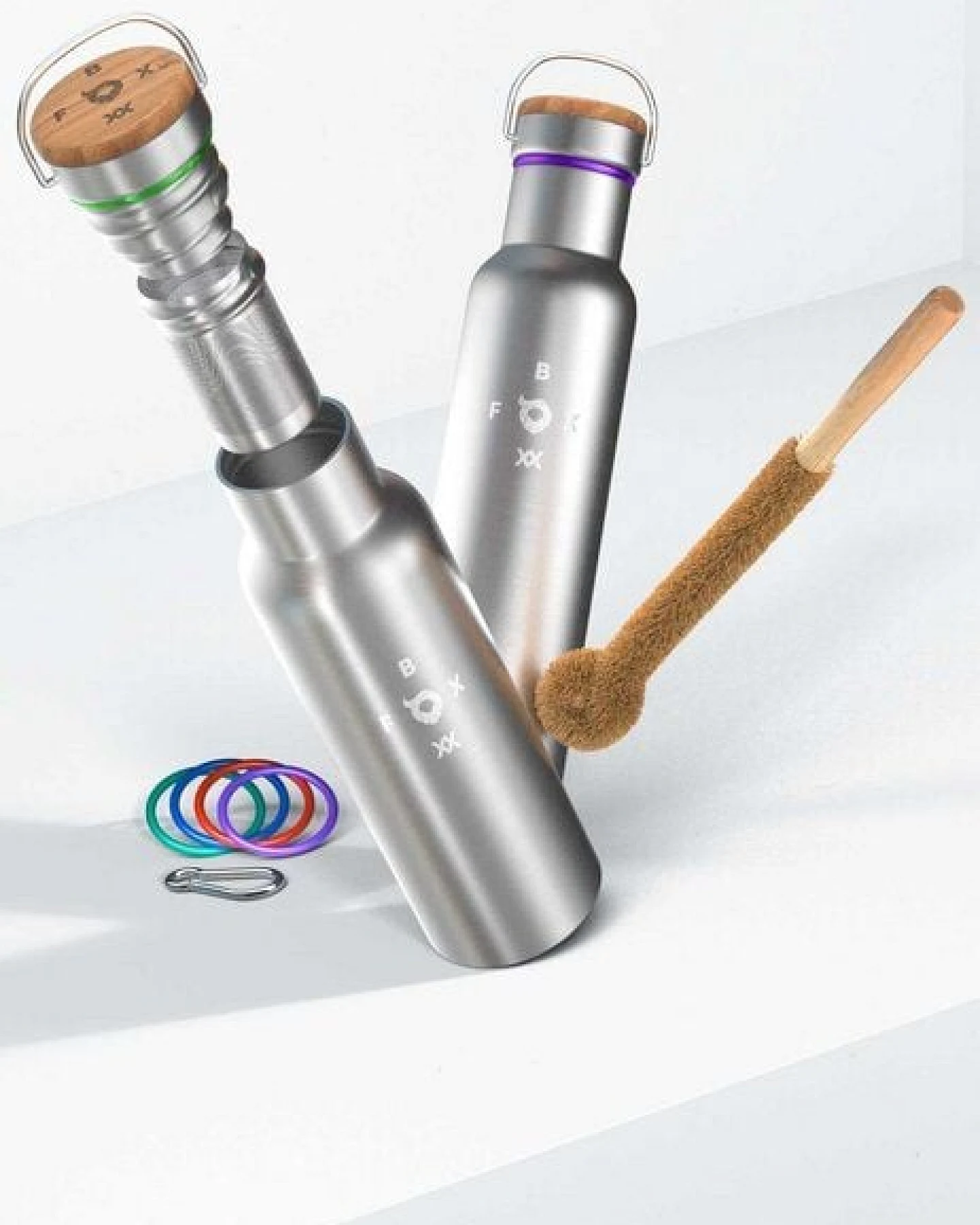 ÖKO FOXBOXX Flasche isol. 0,5 – 0,75 / Teesieb & Sportcap Bürste Karabiner – Ansicht 2