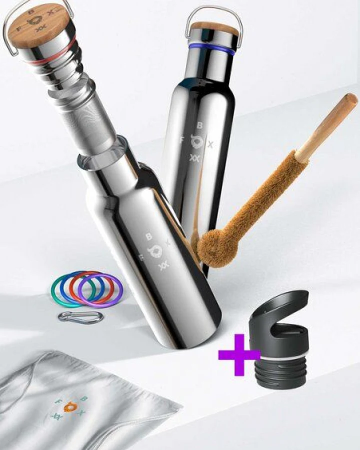ÖKO FOXBOXX Flasche isol. 0,5 – 0,75 / Teesieb & Sportcap Bürste Karabiner