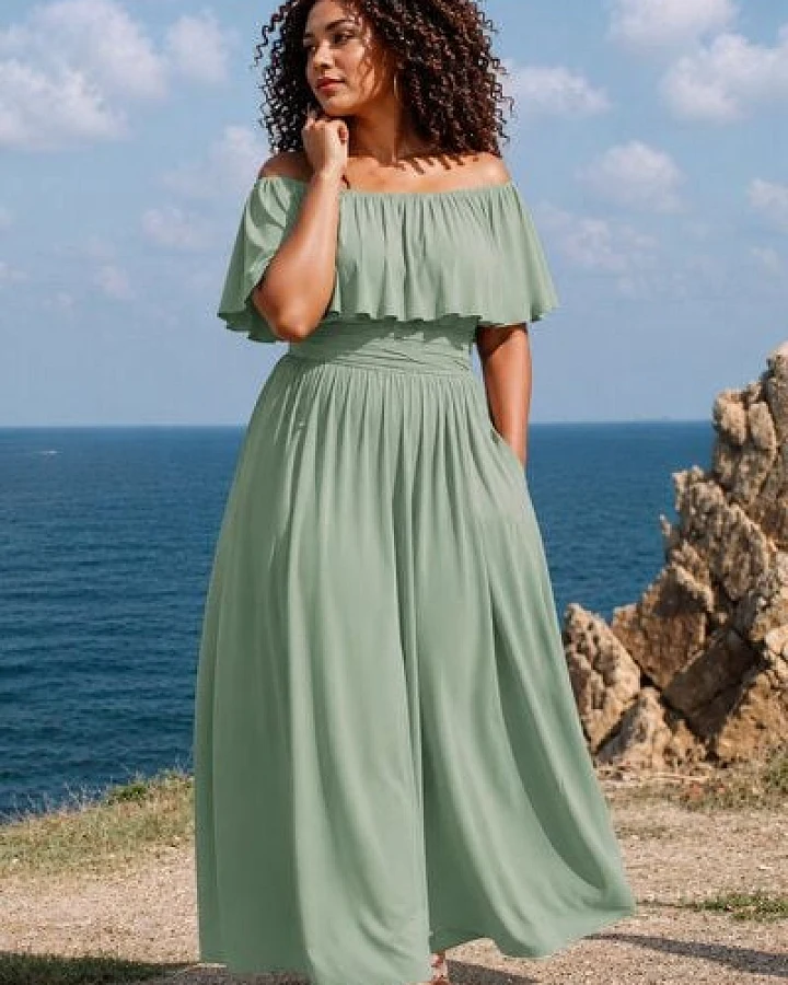 Ingoria Eliana Maxikleid mit Carmen-Ausschnitt (Uni)