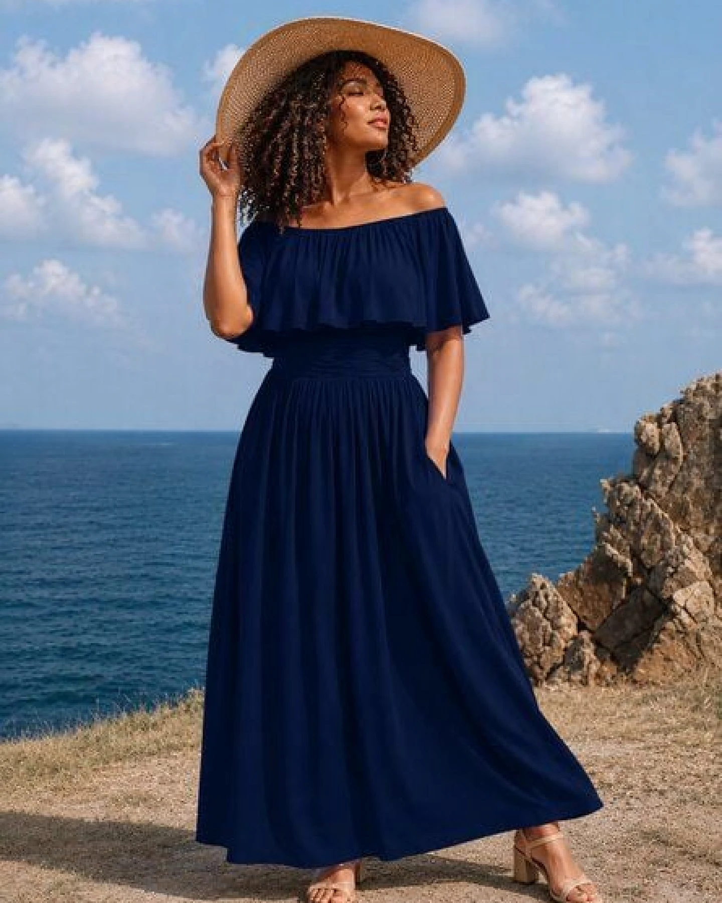 Ingoria Eliana Maxikleid mit Carmen-Ausschnitt (Uni) – Ansicht 2