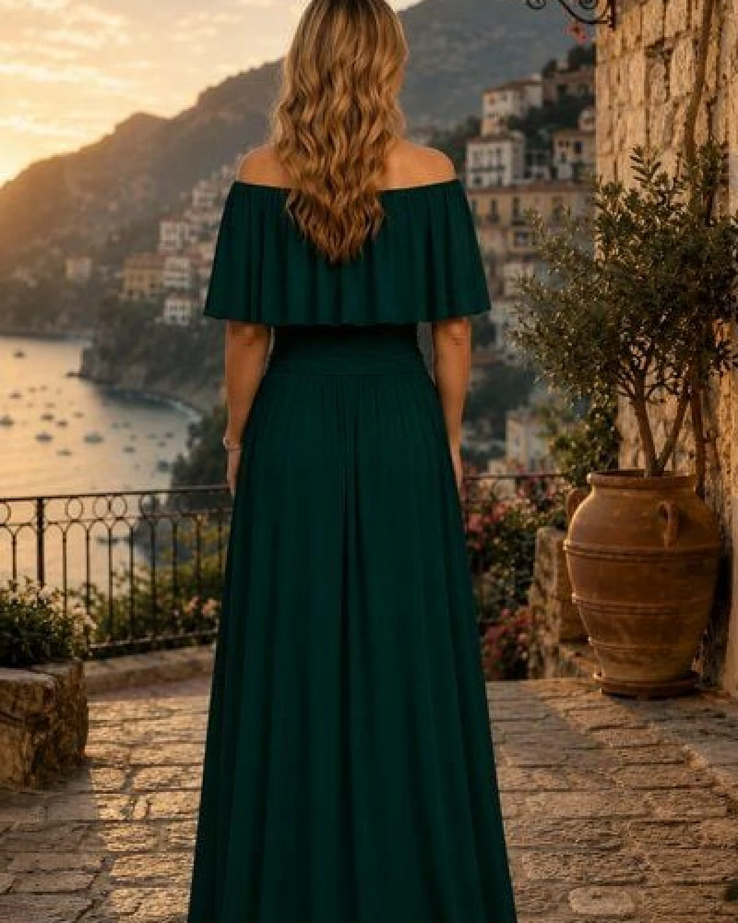 Ingoria Eliana Maxikleid mit Carmen-Ausschnitt (Uni) – Ansicht 3