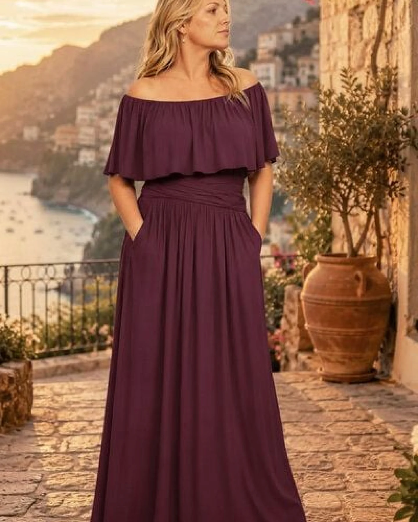 Ingoria Eliana Maxikleid mit Carmen-Ausschnitt (Uni) – Ansicht 2