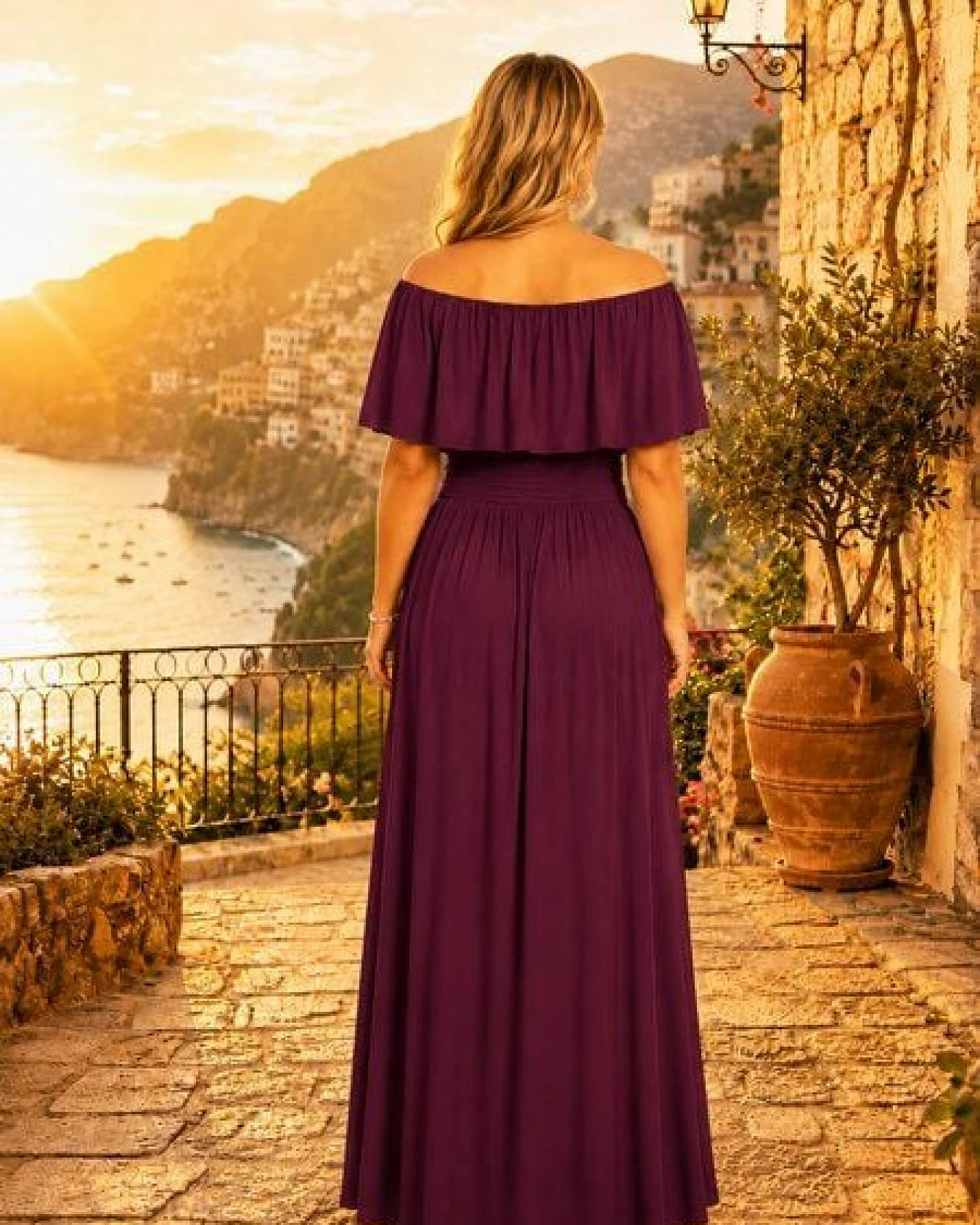 Ingoria Eliana Maxikleid mit Carmen-Ausschnitt (Uni) – Ansicht 3