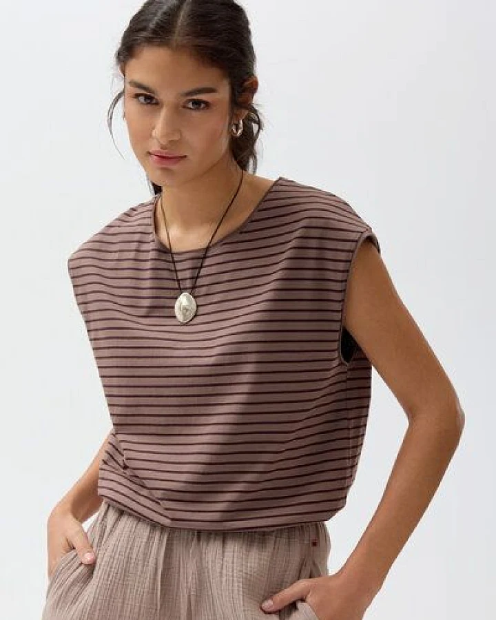 People Wear Organic Ajour Kurzarm Pullover, braun uni, Bio-Baumwolle