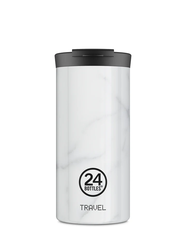 Thermos Becher to go, Isolierbecher 600 ml, weiss, mit weißem Marmor Muster, personalisierbar, Travel Tumbler Carrara - 24Bottles