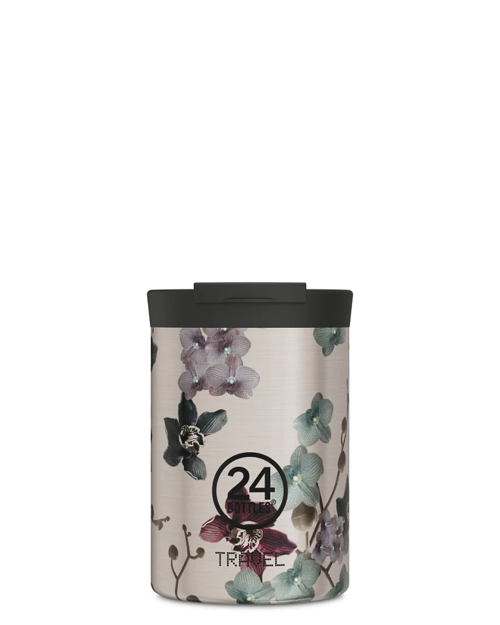 Thermos Becher to go, Isolierbecher 350 ml, silber, mit Blumenmuster, Travel Tumbler Virtue - 24Bottles