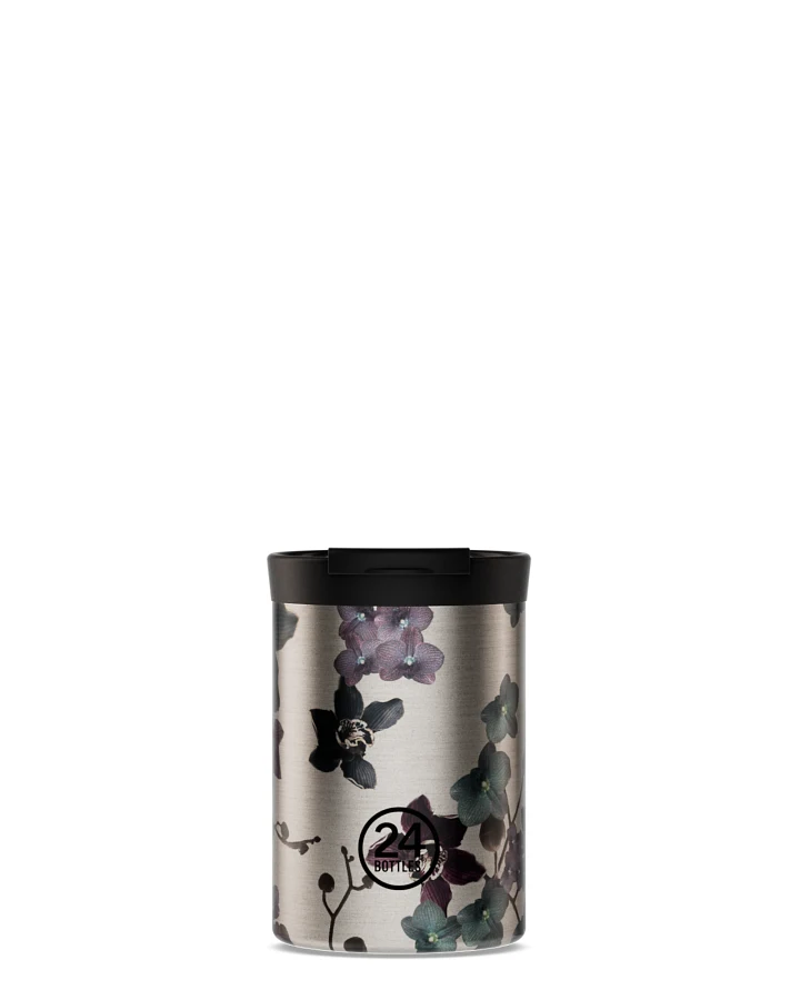 Thermos Becher to go, Isolierbecher 350 ml, silber, mit Blumenmuster, Travel Tumbler Virtue - 24Bottles