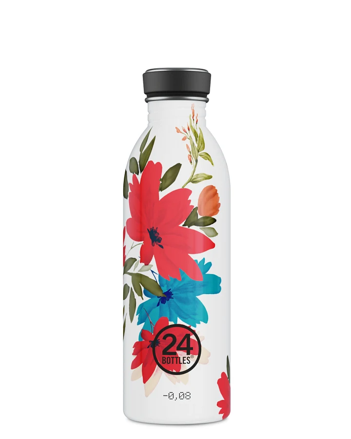 Trinkflasche aus Edelstahl 500 ml, weiss, mit Blumenmuster, Urban Bottle Cara - 24Bottles