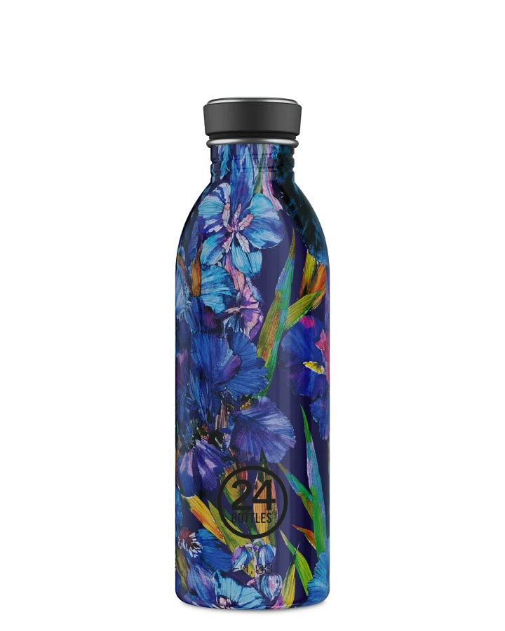 Trinkflasche aus Edelstahl 500 ml, blau, mit Blumenmuster, Urban Bottle Iris - 24Bottles