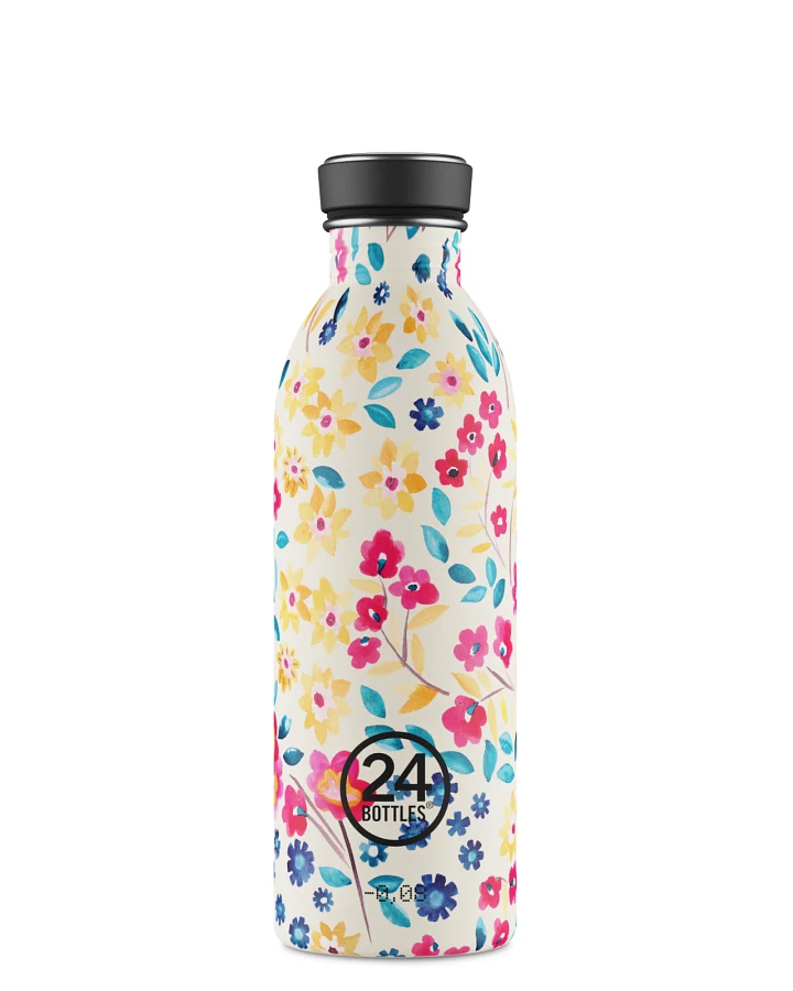 Trinkflasche aus Edelstahl 500 ml, gelb, mit Blumenmuster, Urban Bottle Petit Jardin - 24Bottles