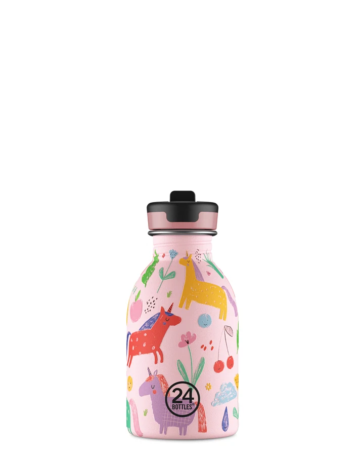Kinderwasserflasche Edelstahl mit Strohhalm, BPA-frei 250 ml, pink, mit Einhörnern, personalisierbar, Kids Bottle Magic Friends - 24Bottles