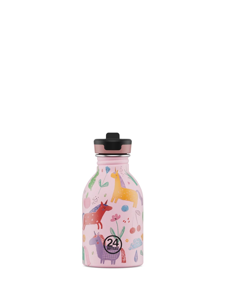 Kinderwasserflasche Edelstahl mit Strohhalm, BPA-frei 250 ml, pink, mit Einhörnern, personalisierbar, Kids Bottle Magic Friends - 24Bottles