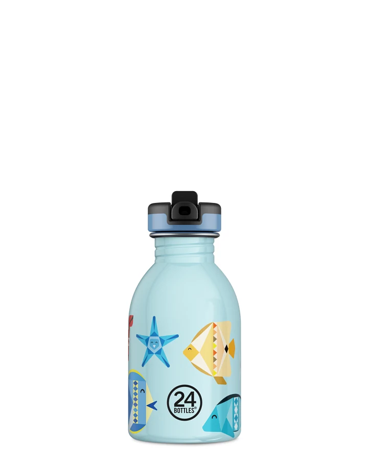 Kinderwasserflasche Edelstahl mit Strohhalm, BPA-frei 250 ml, blau, mit Meerestieren, personalisierbar, Kids Bottle Sea Friends - 24Bottles