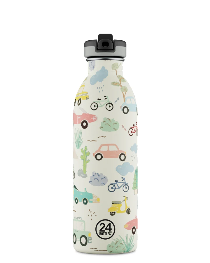Kinderwasserflasche Edelstahl mit Strohhalm, BPA-frei 500 ml, weiss, mit lustigem Motiv, personalisierbar, Kids Bottle Adventure Friends - 24Bottles