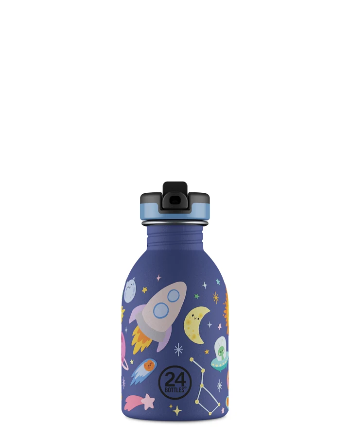 Kinderwasserflasche Edelstahl mit Strohhalm, BPA-frei 250 ml, blau, personalisierbar, Kids Bottle Space Friends - 24Bottles