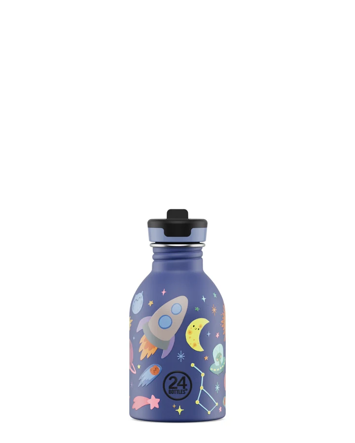Kinderwasserflasche Edelstahl mit Strohhalm, BPA-frei 250 ml, blau, personalisierbar, Kids Bottle Space Friends - 24Bottles
