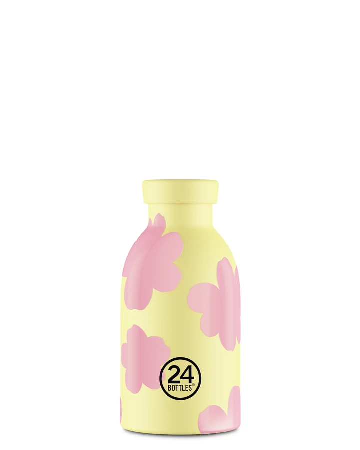Thermos Trinkflasche aus Edelstahl 330 ml, gelb, mit blauem Blumenmuster, personalisierbar, Clima Bottle Daydreaming Yellow - 24Bottles