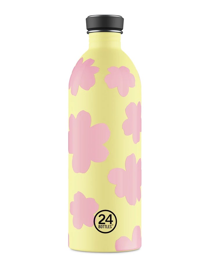 Trinkflasche aus Edelstahl 1000 ml, gelb, mit blauem Blumenmuster, personalisierbar, Urban Bottle Daydreaming Yellow - 24Bottles