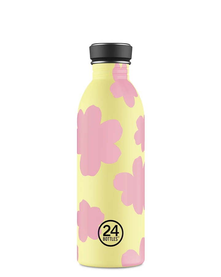 Trinkflasche aus Edelstahl 500 ml, gelb, mit blauem Blumenmuster, personalisierbar, Urban Bottle Daydreaming Yellow - 24Bottles