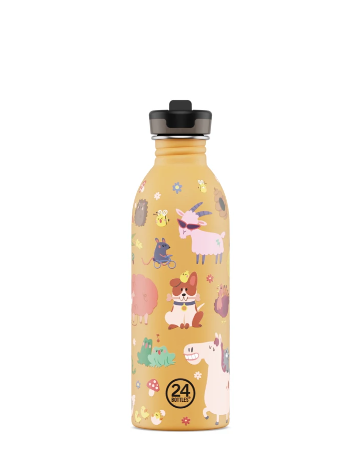 Kinderwasserflasche Edelstahl mit Strohhalm, BPA-frei 500 ml, gelb, Kids Bottle Farm Friends - 24Bottles