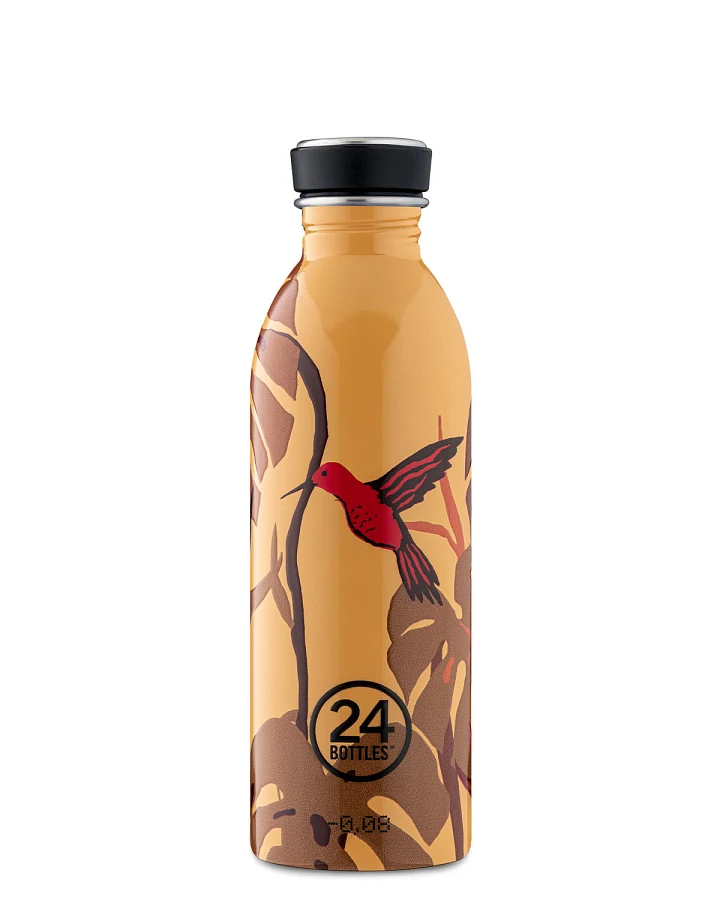 Trinkflasche aus Edelstahl 500 ml, gelb, mit Kolibri Motiv, Urban Bottle Amber Oasis - 24Bottles