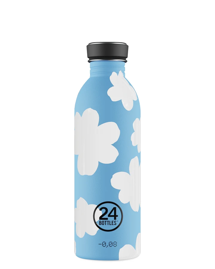 Trinkflasche aus Edelstahl 500 ml, blau, mit blauem Blumenmuster, personalisierbar, Urban Bottle Daydreaming - 24Bottles
